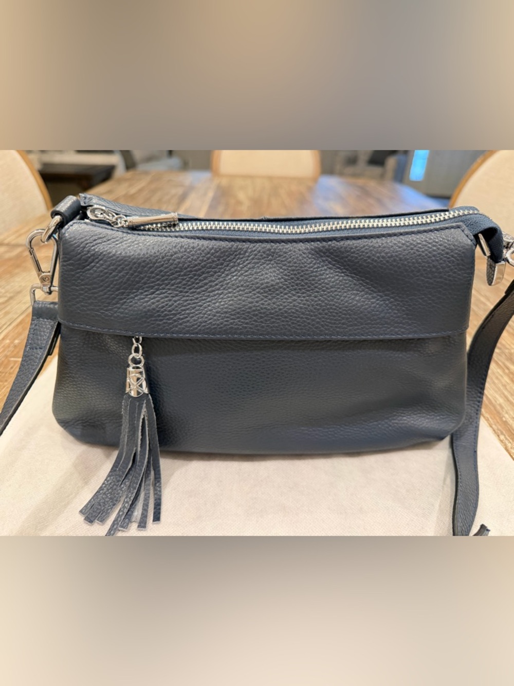Women's Navy Leather Tassel Crossbody Bag - Over Earth